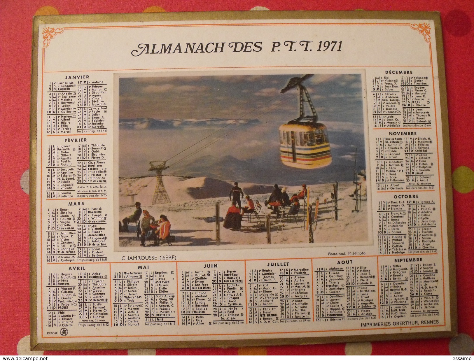 Calendrier Illustré En Carton De 1971. Almanach Des PTT Postes Facteur. Chamrousse Téléférique - Tamaño Grande : 1971-80