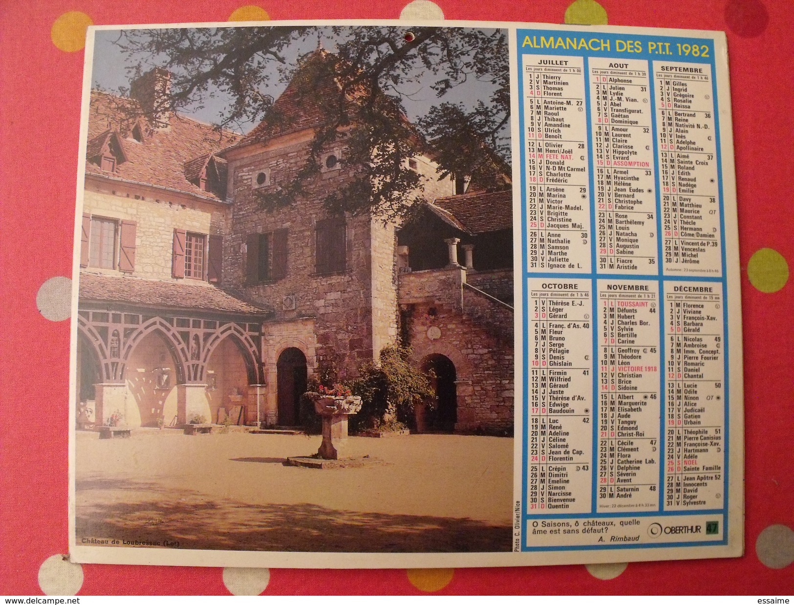 Calendrier Illustré En Carton De 1982. Almanach Des PTT Postes Facteur. Chateau De Loubressac Vache - Groot Formaat: 1981-90