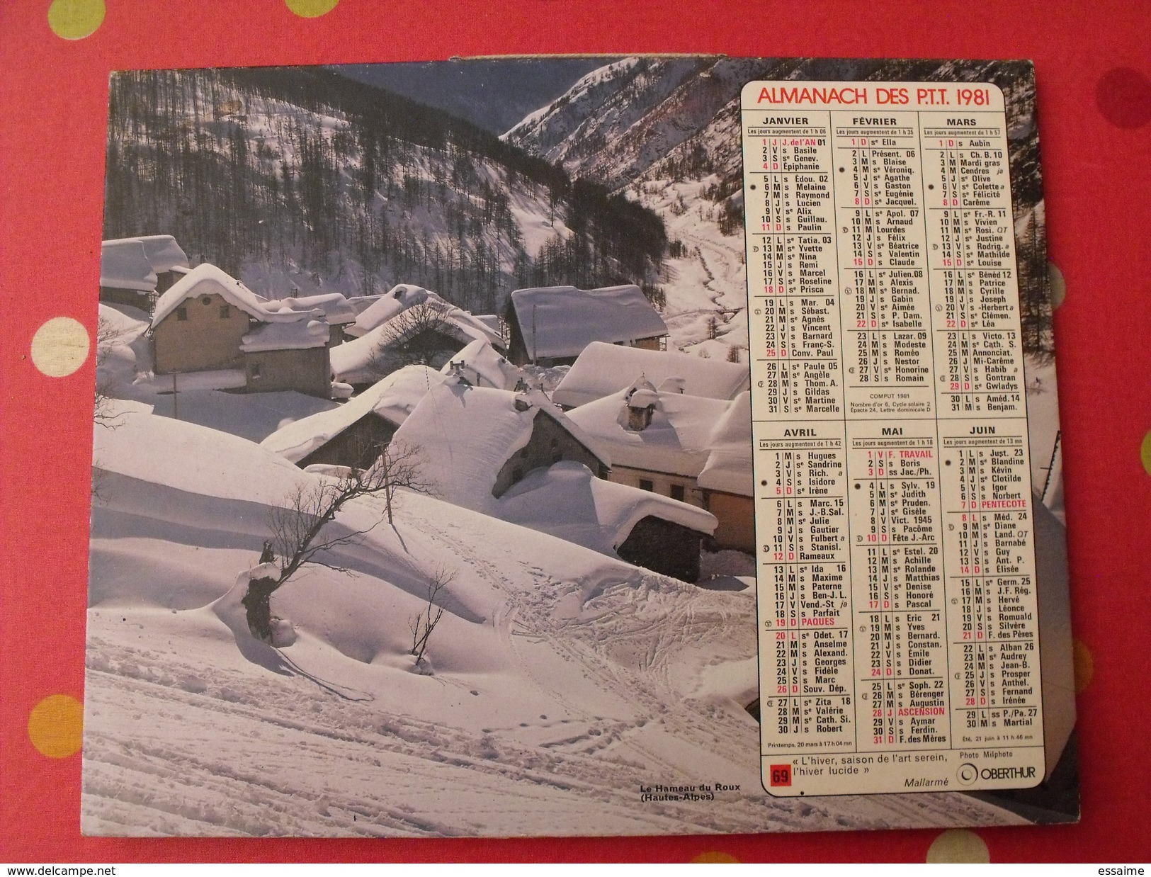 Calendrier Illustré En Carton De 1981. Almanach Des PTT Postes Facteur. Montagne Biche - Grand Format : 1981-90