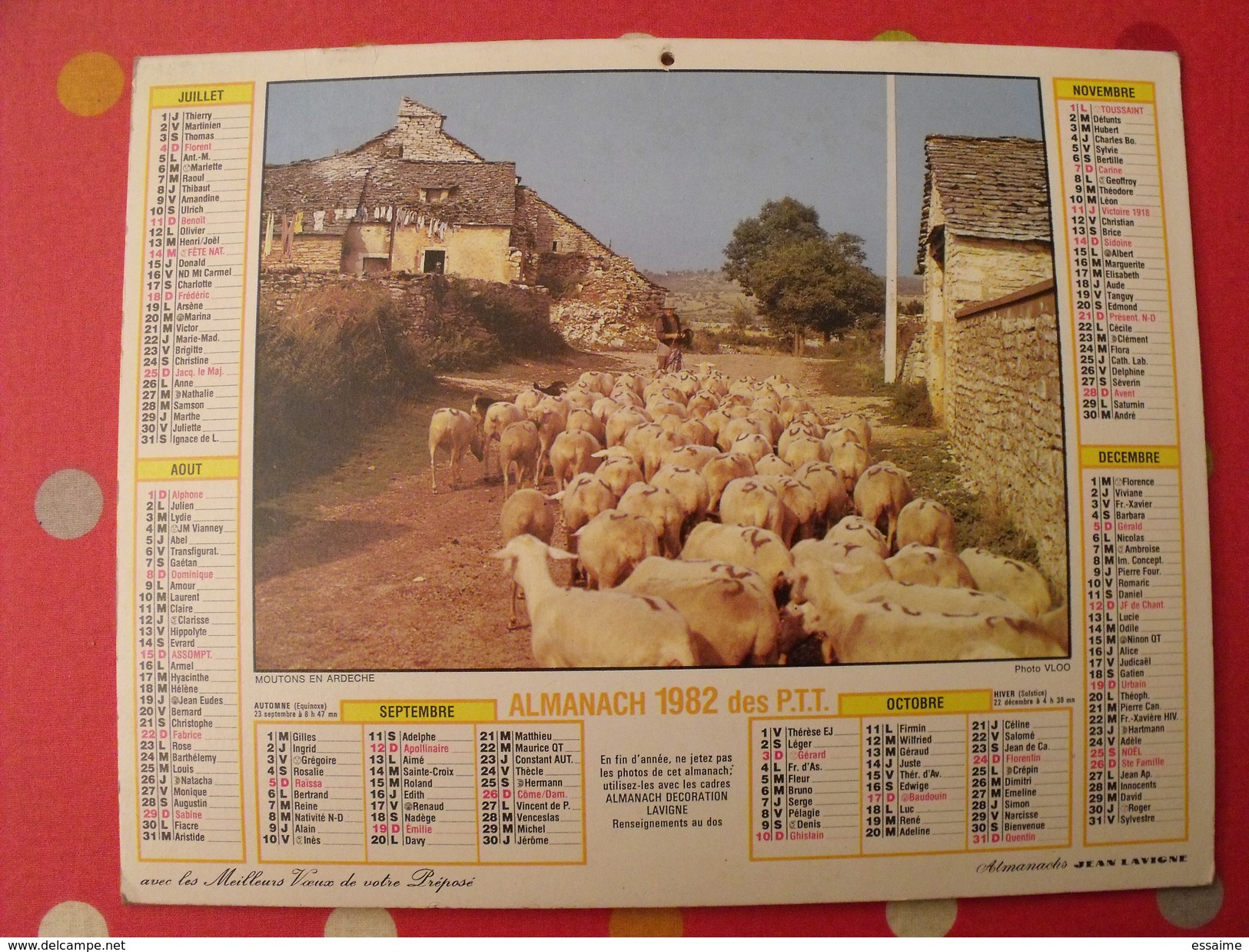 Calendrier Illustré En Carton De 1982. Almanach Des PTT Postes Facteur. Moutons Attelage Chevaux - Grand Format : 1981-90