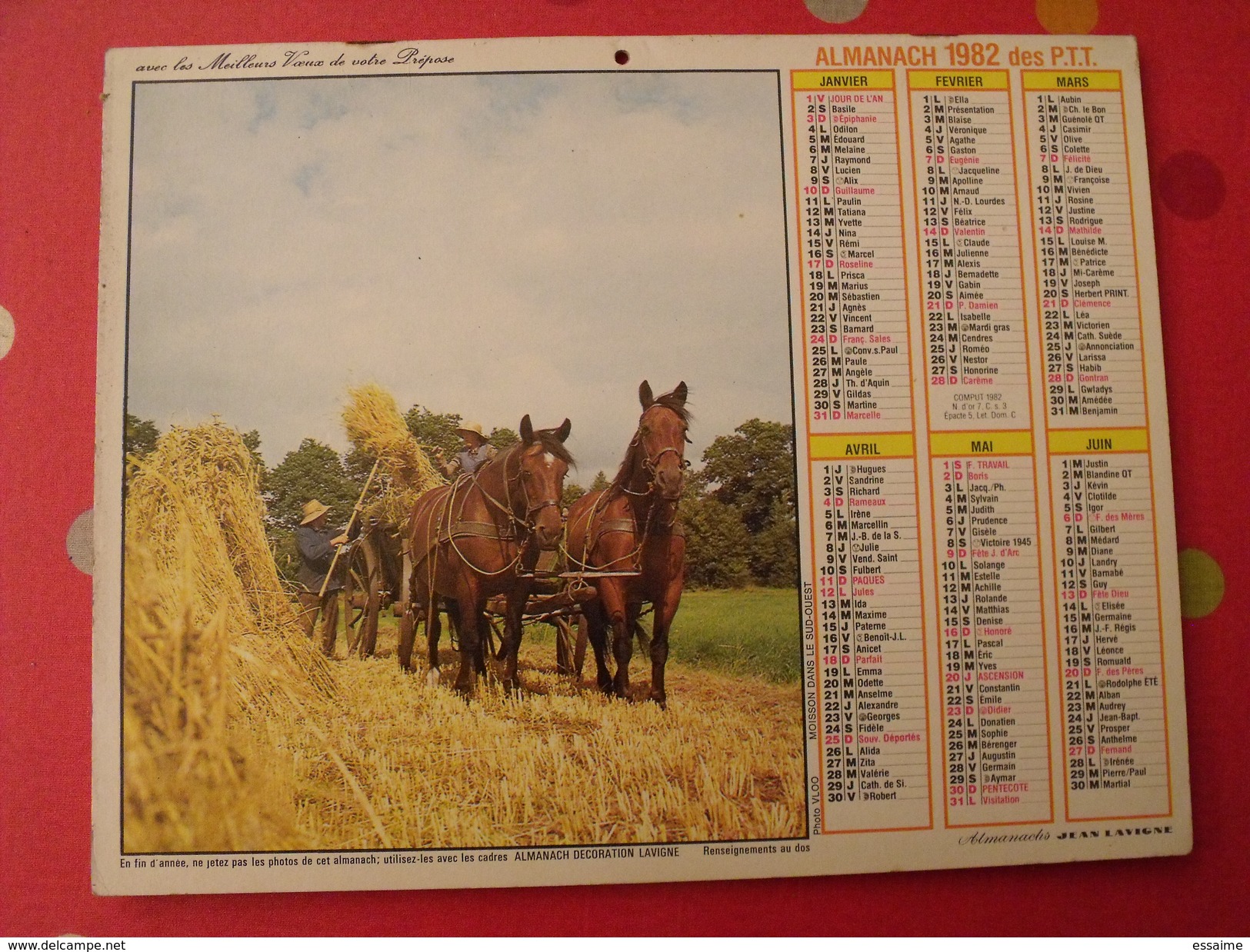 Calendrier Illustré En Carton De 1982. Almanach Des PTT Postes Facteur. Moutons Attelage Chevaux - Grossformat : 1981-90