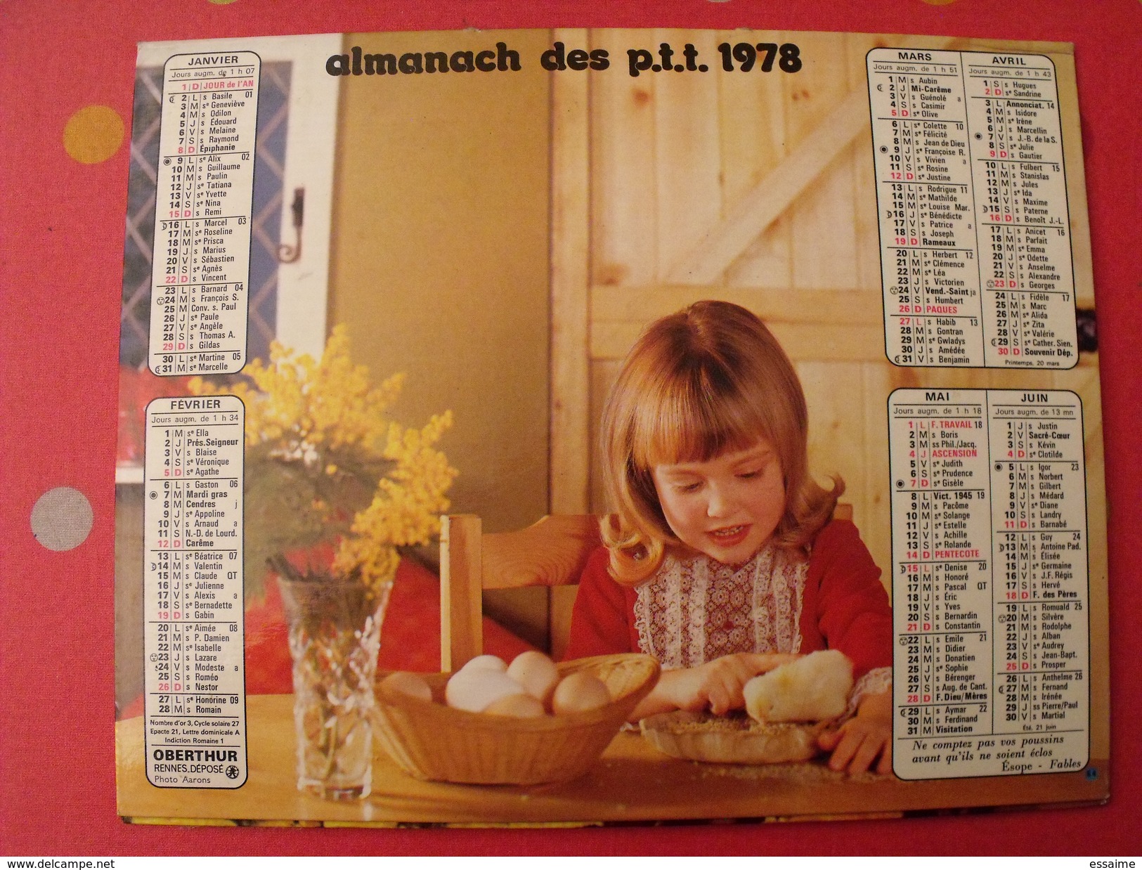 Calendrier Illustré En Carton De 1978. Almanach Des PTT Postes Facteur. Poussin Lapin Enfant - Formato Grande : 1971-80