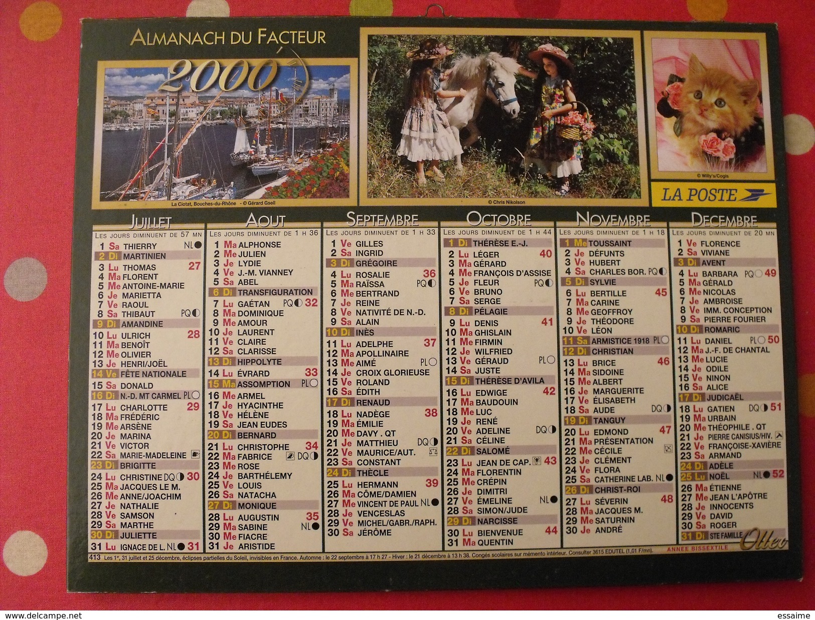 Calendrier Illustré En Carton De 2000. Almanach Des PTT Postes Facteur. Chat Chien Papillon Poney - Grand Format : 1991-00