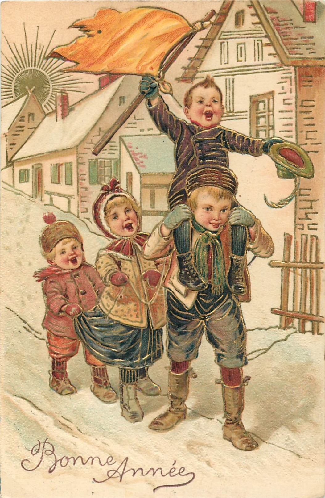 BONNE ANNEE - CHILDREN WELCOME THE NEW YEAR - 1909 - PFB 5456 - EMBOSSED VINTAGE ORIGINAL POSTCARD - Nieuwjaar