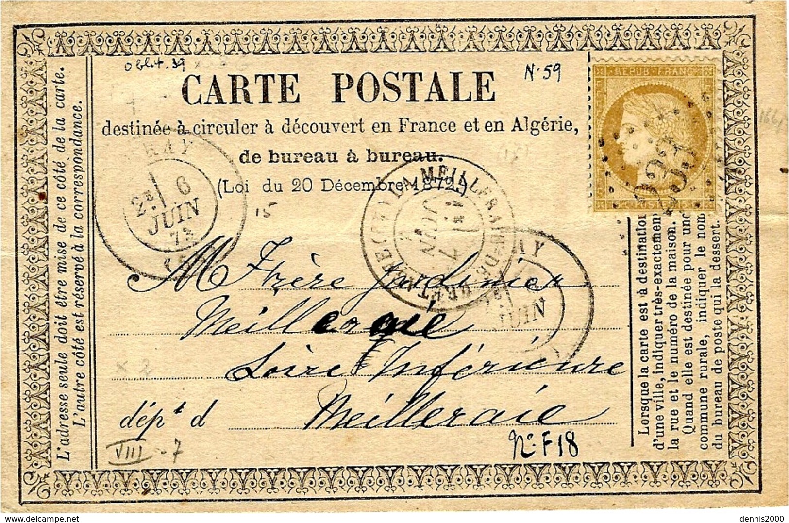 1873- C P A Précurseur Affr. N°55 Oblit.  G C 233  Cad T 17 D'AURAY ( Morbihan ) - 1849-1876: Période Classique