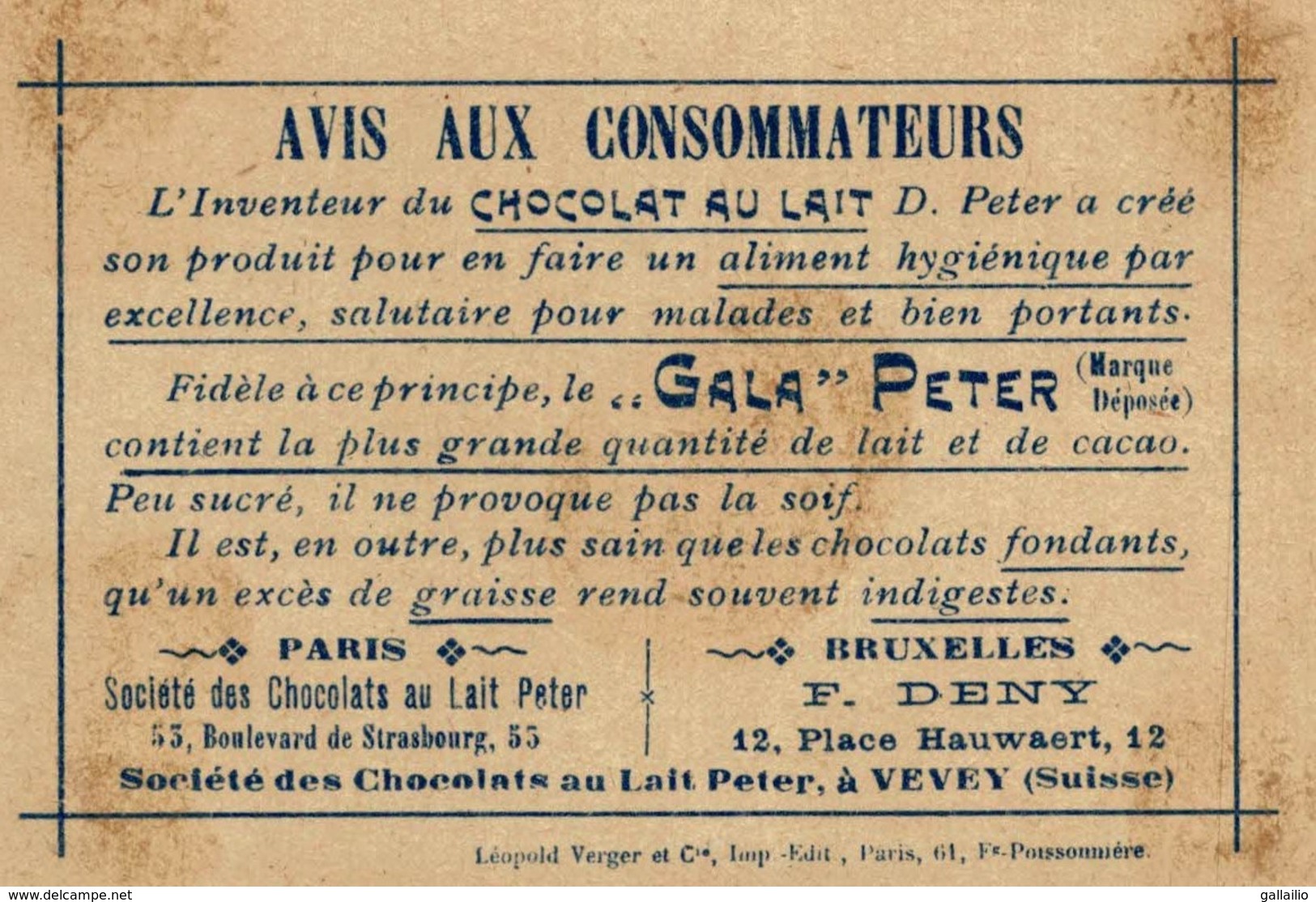 CHROMO CHOCOLAT GALA PETER C'EST POUR L'ENFANT LITHO VERGER - Autres & Non Classés