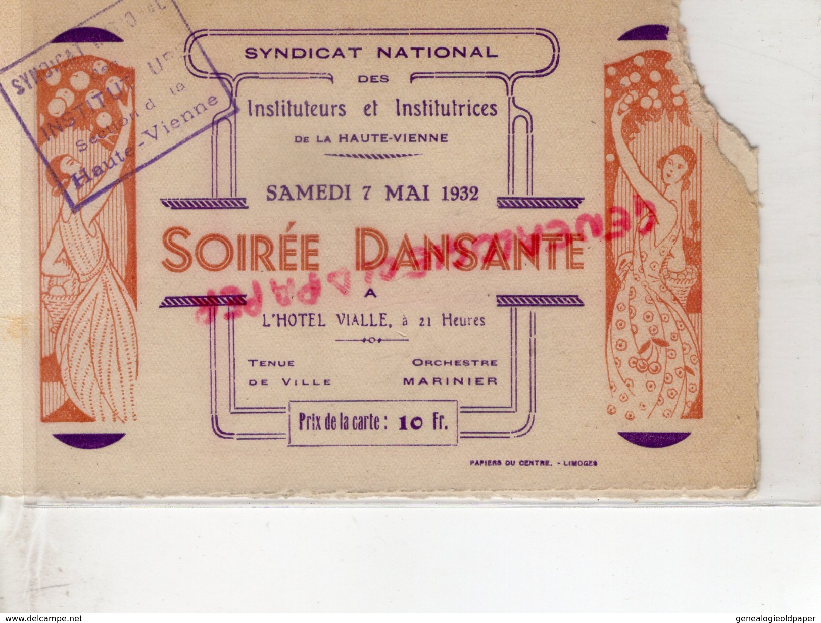 87 -LIMOGES - CHAUSSURES "A LA BOTTE ROUGE " RARE CARTE SYNDICAT INSTITUTEURS HTE VIENNE-SOIREE HOTEL VIALLE-1932- BAL - 1900 – 1949