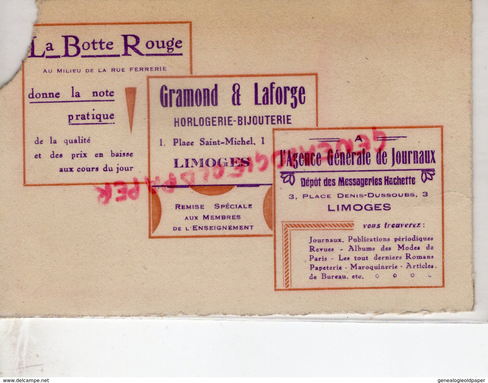 87 -LIMOGES - CHAUSSURES "A LA BOTTE ROUGE " RARE CARTE SYNDICAT INSTITUTEURS HTE VIENNE-SOIREE HOTEL VIALLE-1932- BAL - 1900 – 1949