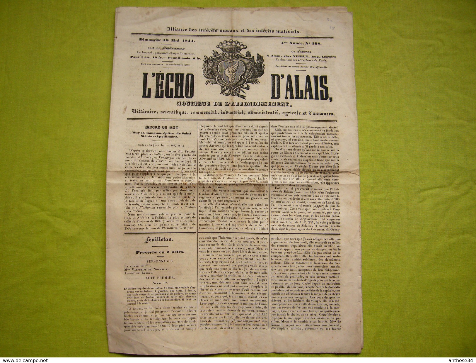 Journal L'Echo D'Alais 19 Mai 1844 Hebdomadaire N°168 - 1800 - 1849