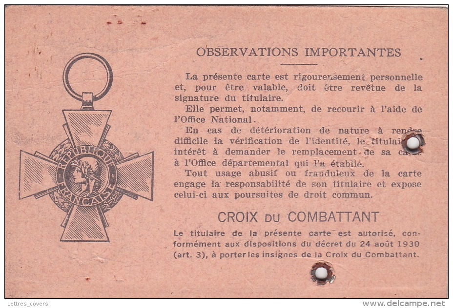 CARTE DU COMBATTANT - 1954 CROIX DU COMBATTANT - Documents