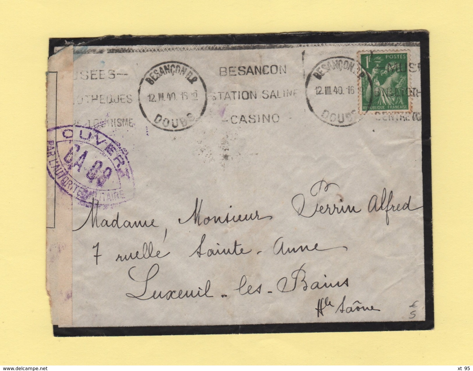Besancon Destination Luxeuil - Censure GA88 - 12-3-1940 - Guerra De 1939-45