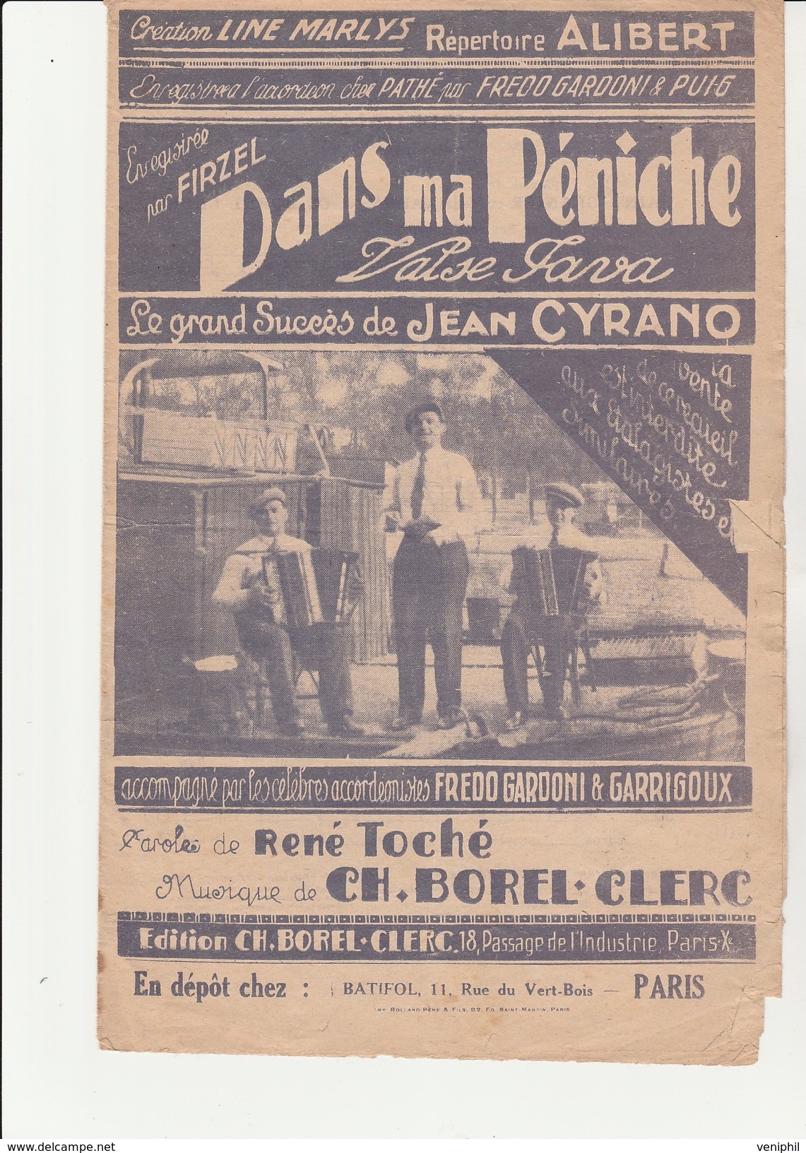 PARTITION  " DANS MA PENICHE " VALSE -JAVA - PAROLES DE RENE TOCHE -MUSIQUE CH .BOREL -CLERC - Partitions Musicales Anciennes