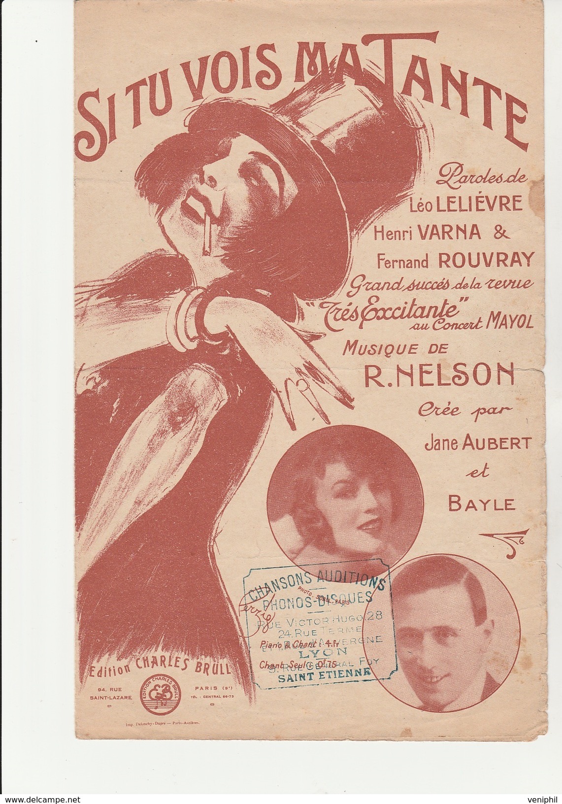 PARTITION  " SI TU VOIS MA TANTE "  PAROLES DE LEO LELIEVRE -H-VARNA -MUSIQUE DE R. NELSON  -1925 - Partitions Musicales Anciennes