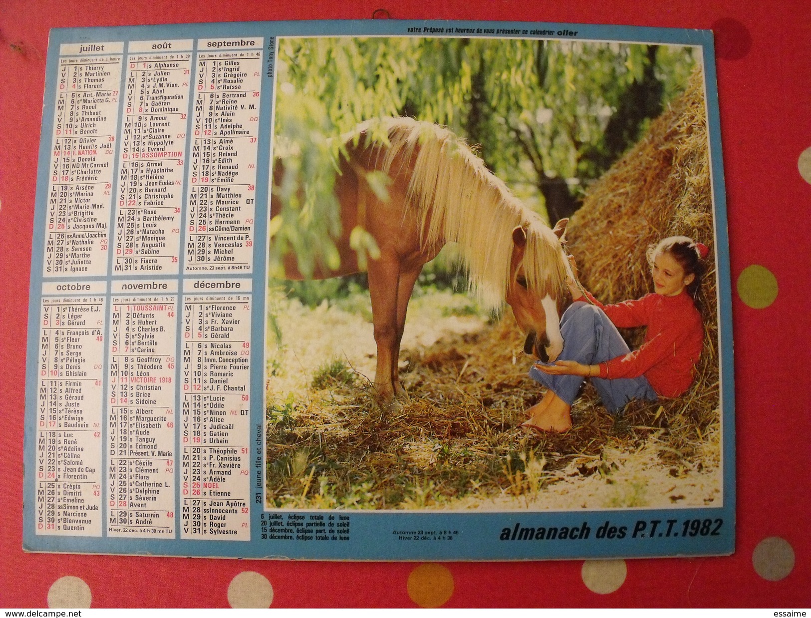 Calendrier Illustré En Carton De 1982. Almanach Des PTT Postes Facteur. Fillette Chien Cheval - Grand Format : 1981-90