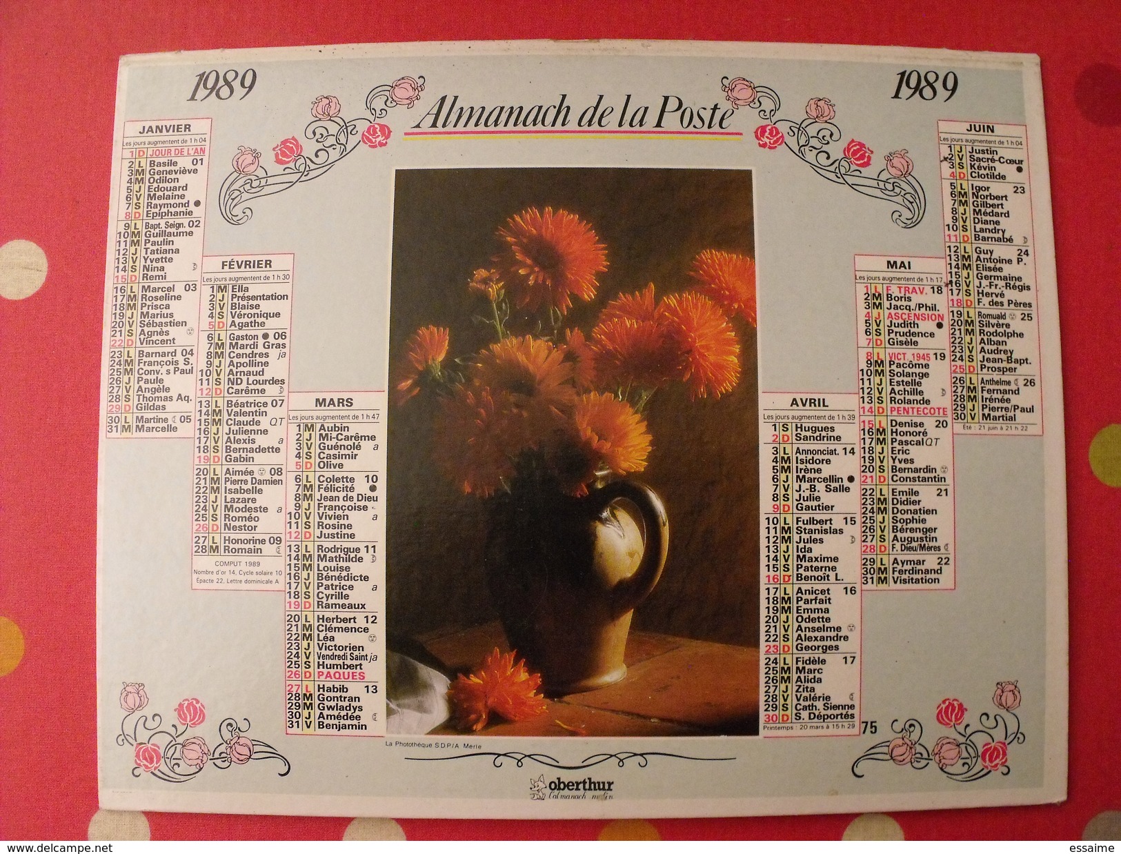 Calendrier Illustré En Carton De 1989. Almanach Des PTT Postes Facteur. Fleurs - Grand Format : 1981-90