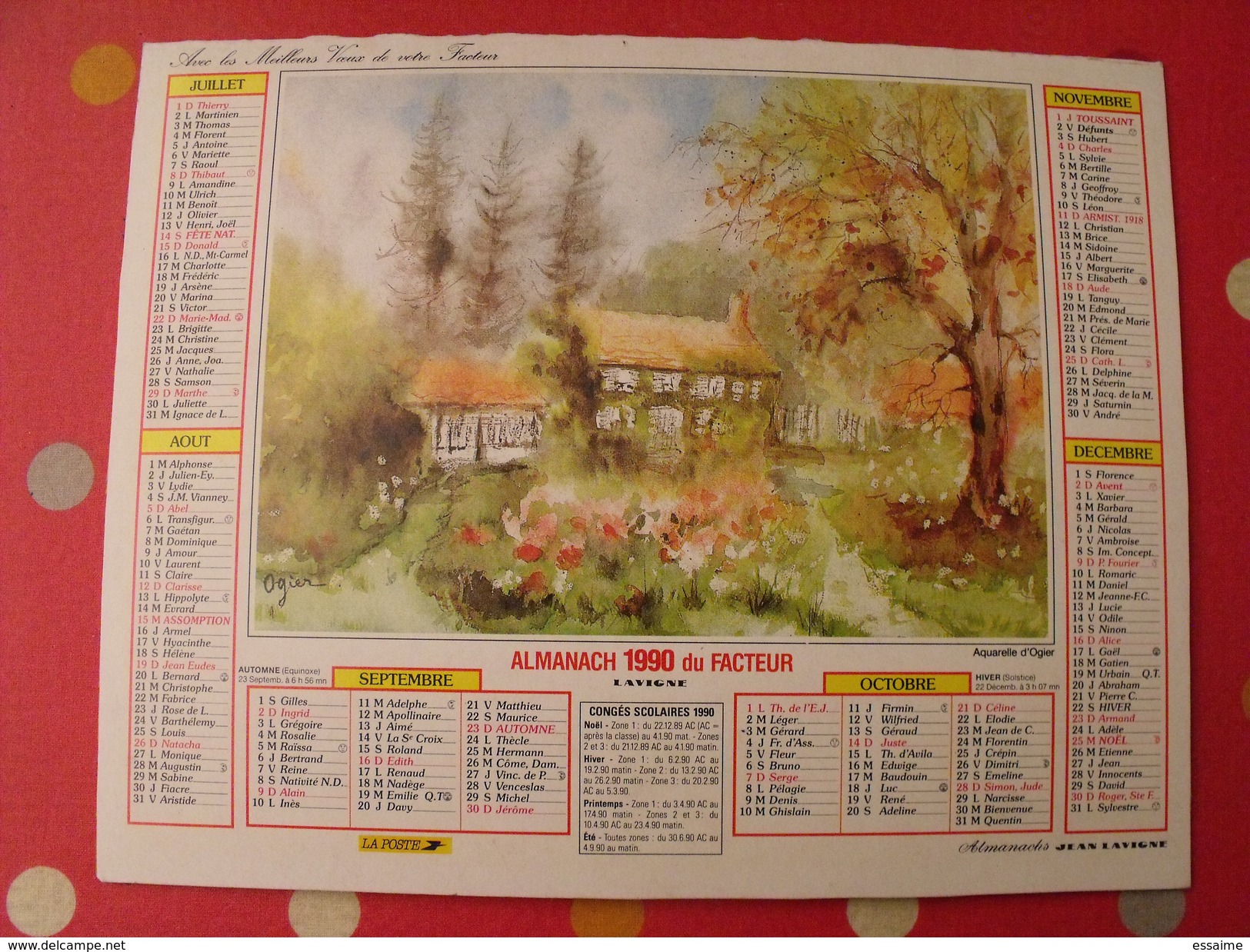 Calendrier Illustré En Carton De 1990. Almanach Des PTT Postes Facteur.aquarelle D'ogier - Formato Grande : 1981-90