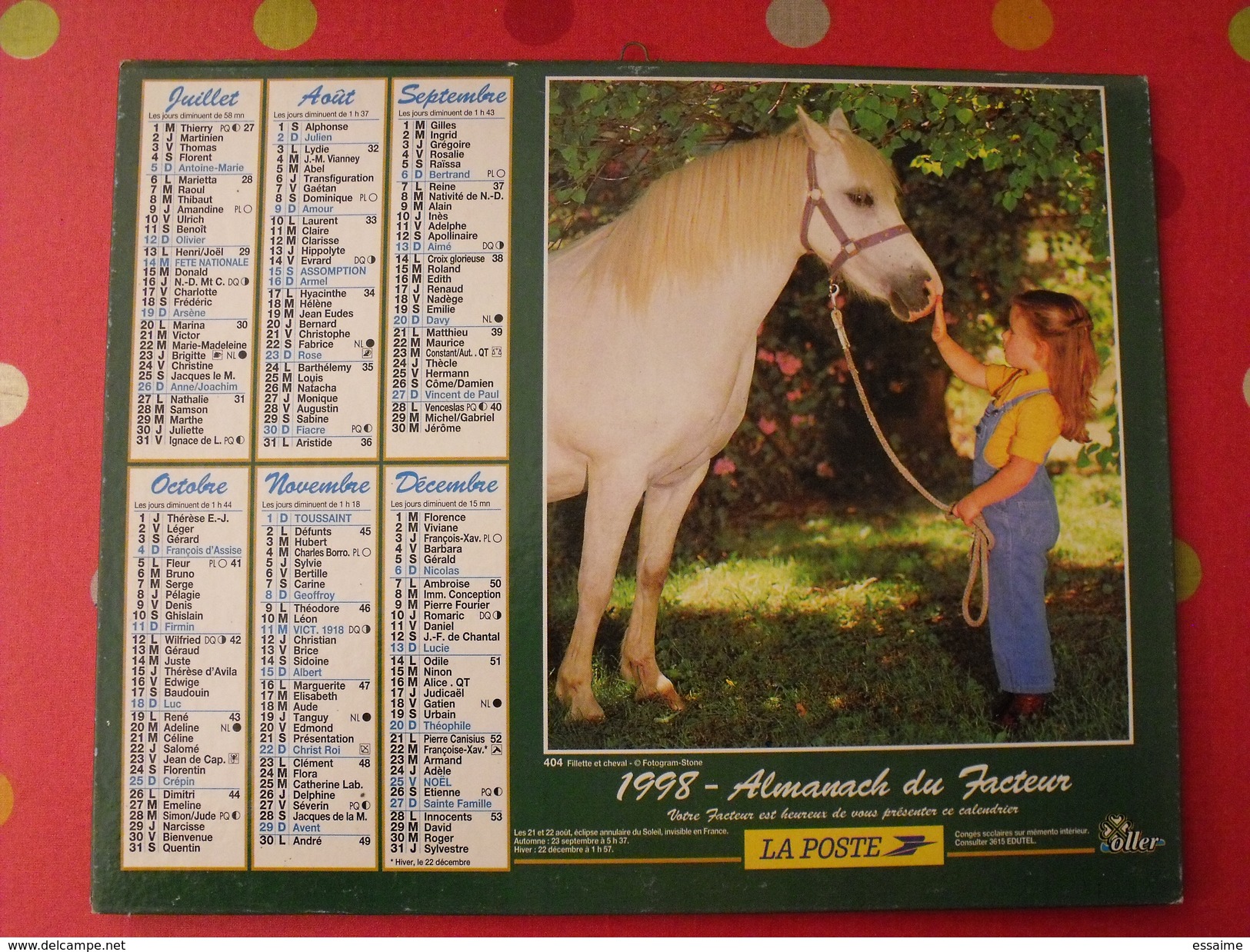 Calendrier Illustré En Carton De 1998. Almanach Des PTT Postes Facteur. Chien Cheval Fillette - Grand Format : 1991-00