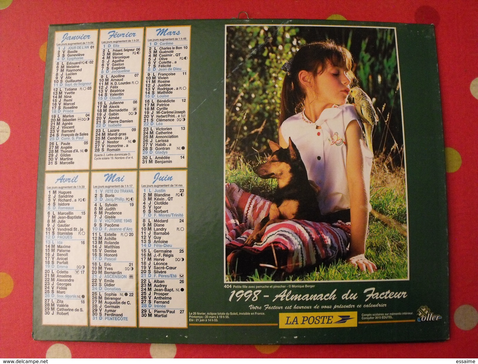 Calendrier Illustré En Carton De 1998. Almanach Des PTT Postes Facteur. Chien Cheval Fillette - Grand Format : 1991-00