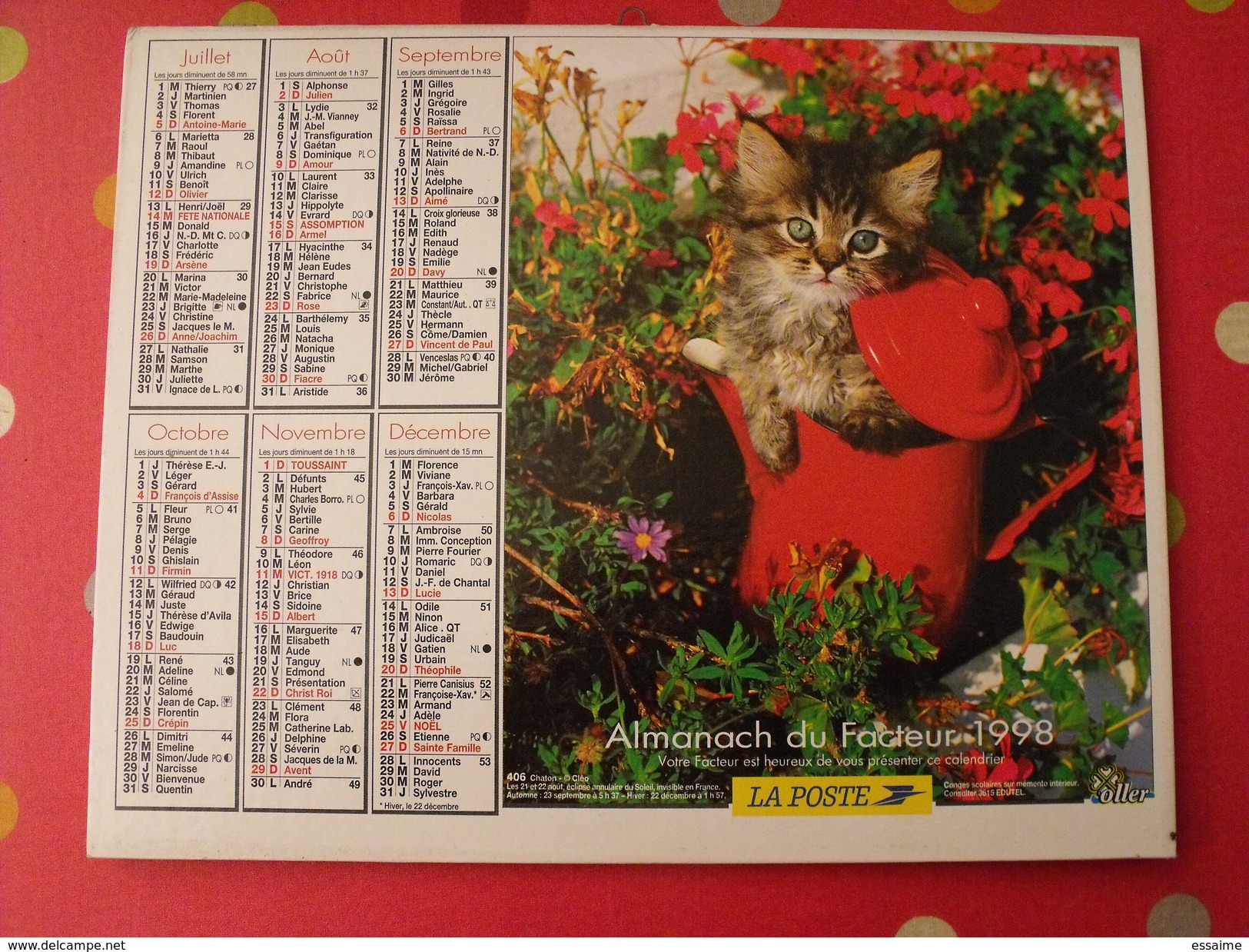 Calendrier Illustré En Carton De 1998. Almanach Des PTT Postes Facteur. Chien Chat - Grand Format : 1991-00