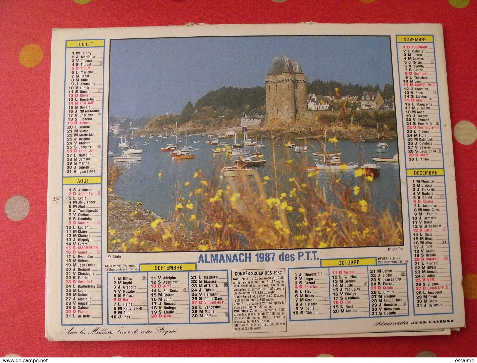 Calendrier Illustré En Carton De 1987. Almanach Des PTT Postes Facteur. Saint-malo, Porquerolles - Grand Format : 1981-90