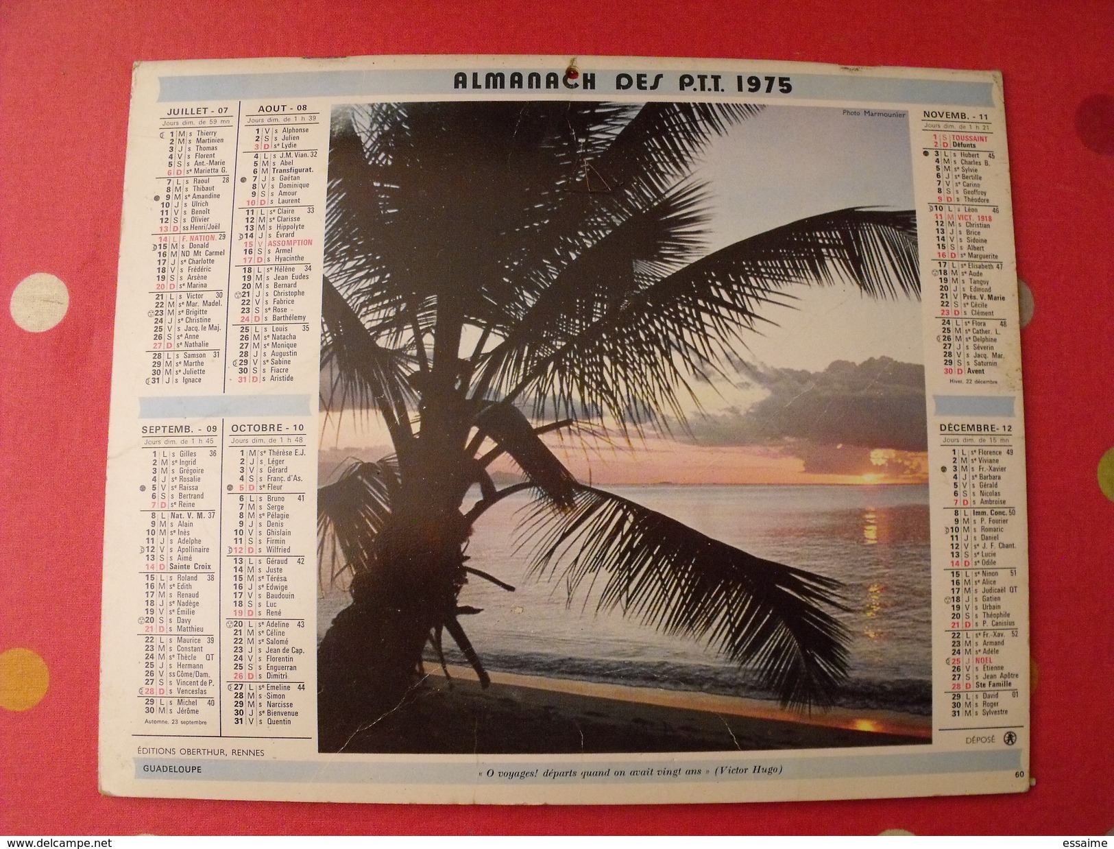 Calendrier Illustré En Carton De 1975. Almanach Des PTT Postes Facteur. Roulotte Guadeloupe - Formato Grande : 1971-80