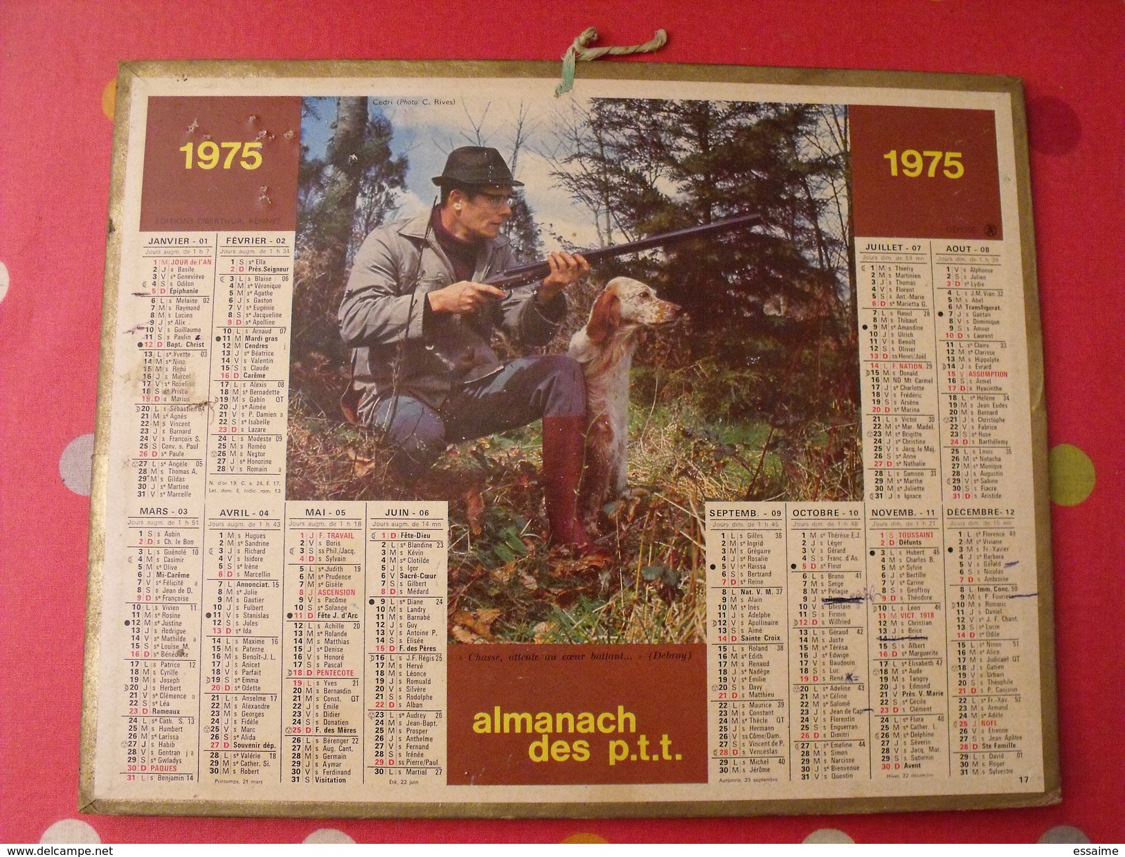 Calendrier Illustré En Carton De 1975. Almanach Des PTT Postes Facteur. Chasse Chien - Big : 1971-80