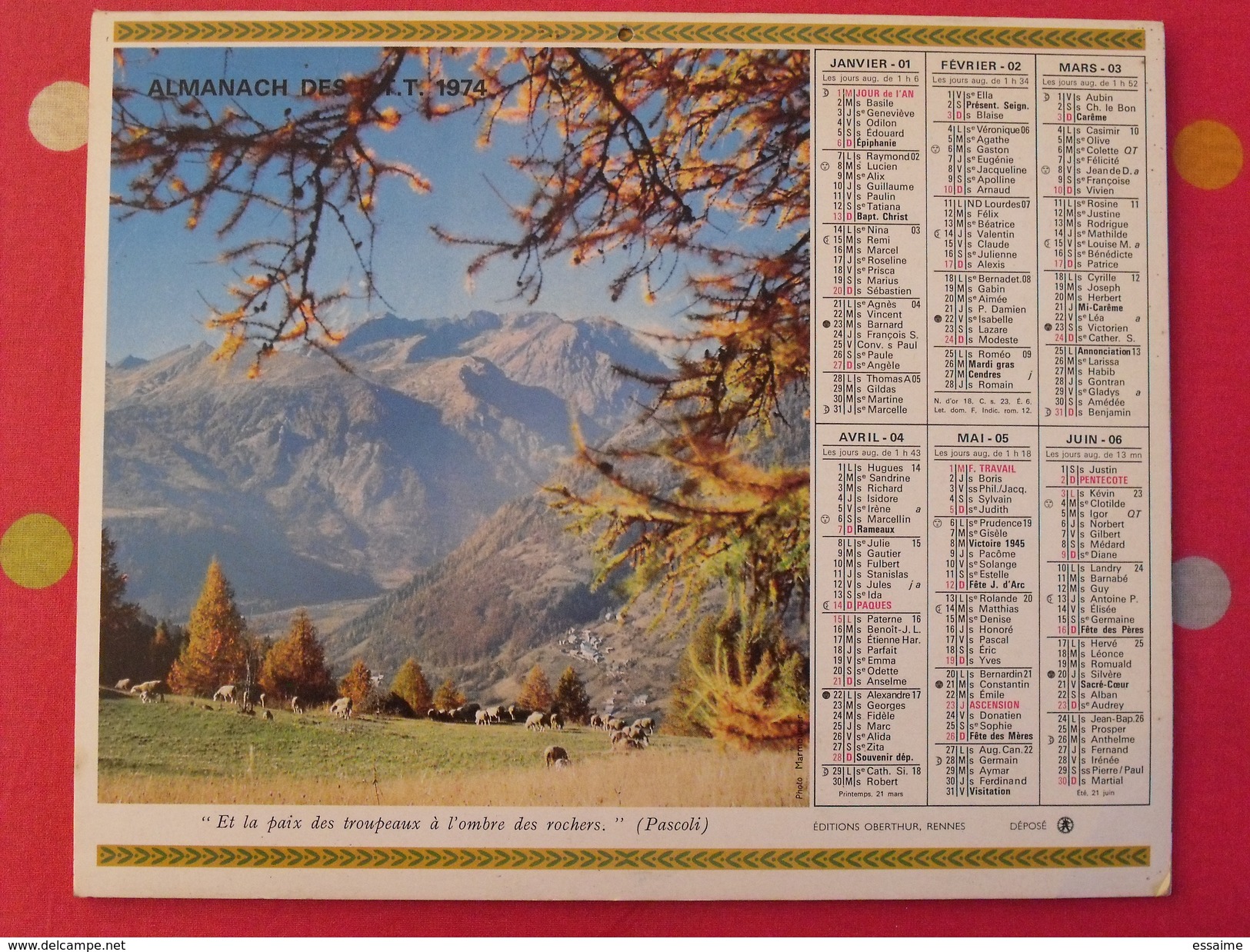 Calendrier Illustré En Carton De 1974. Almanach Des PTT Postes Facteur. Montagne - Grand Format : 1971-80