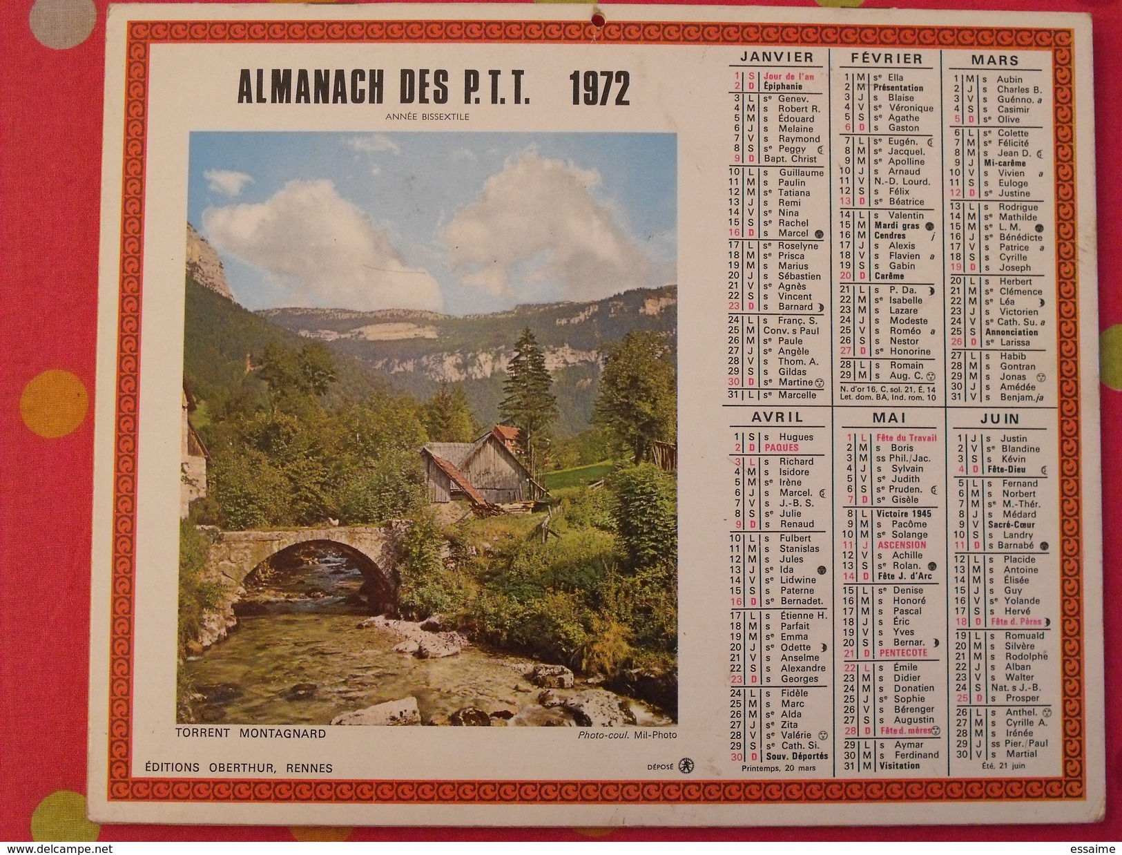 Calendrier Illustré En Carton De 1972. Almanach Des PTT Postes Facteur. Castel De Maussac, Torrent Montagnard, Port De P - Formato Grande : 1971-80