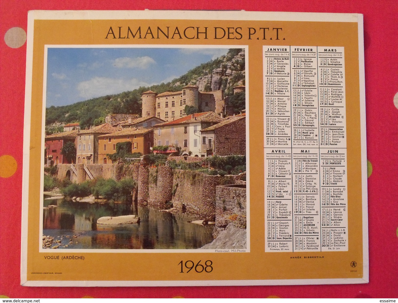 Calendrier Illustré En Carton De 1968. Almanach Des PTT Postes Facteur. Vogué, Montagne Cordée - Grand Format : 1961-70