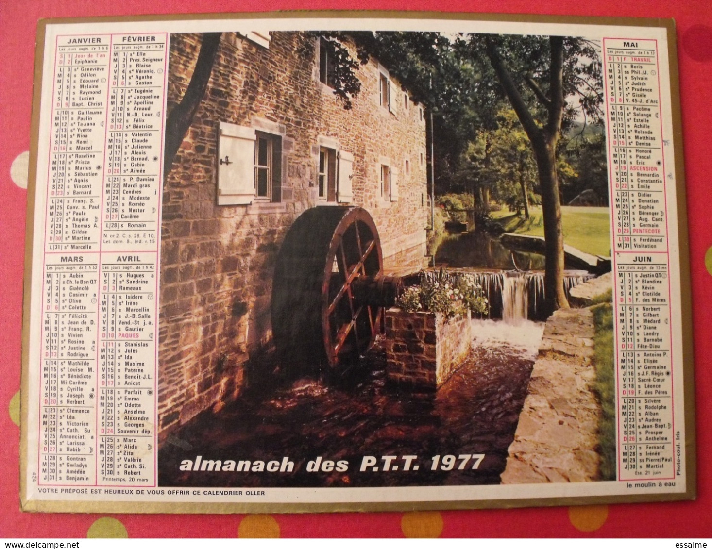 Calendrier Illustré En Carton De 1977. Almanach Des PTT Postes Facteur. Lac Des Gaillands, Moulin à Eau - Tamaño Grande : 1971-80