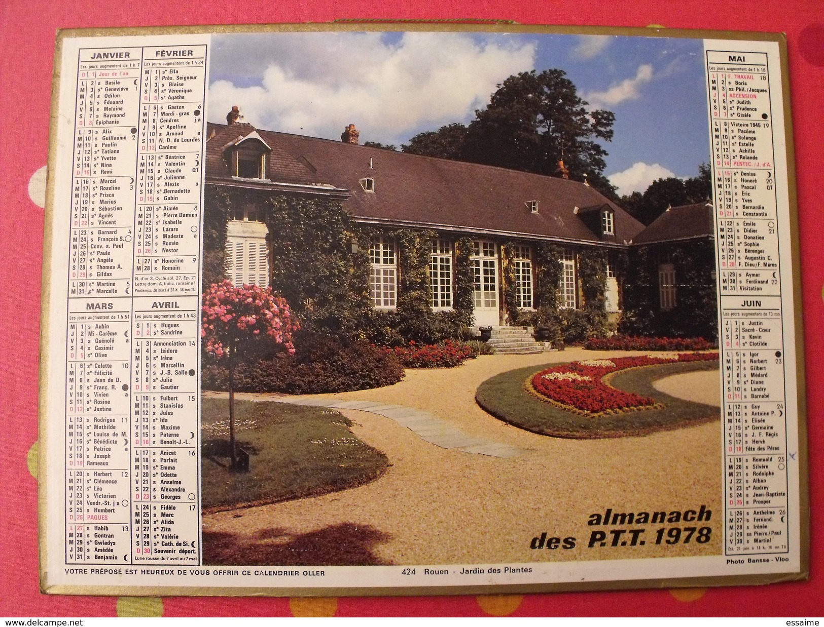 Calendrier Illustré En Carton De 1978. Almanach Des PTT Postes Facteur. Rouen Jardin Des Plantes, Nevers Pore Du Croux - Big : 1971-80