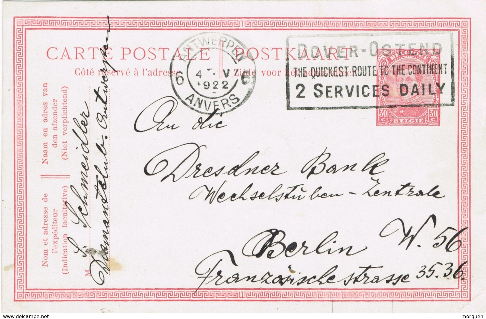 20687. Entero Postal  ANTWEREN (anvers) Belgien 1922. Ferry Dover Ostend, 2 Services Daily - Postcards 1909-1934