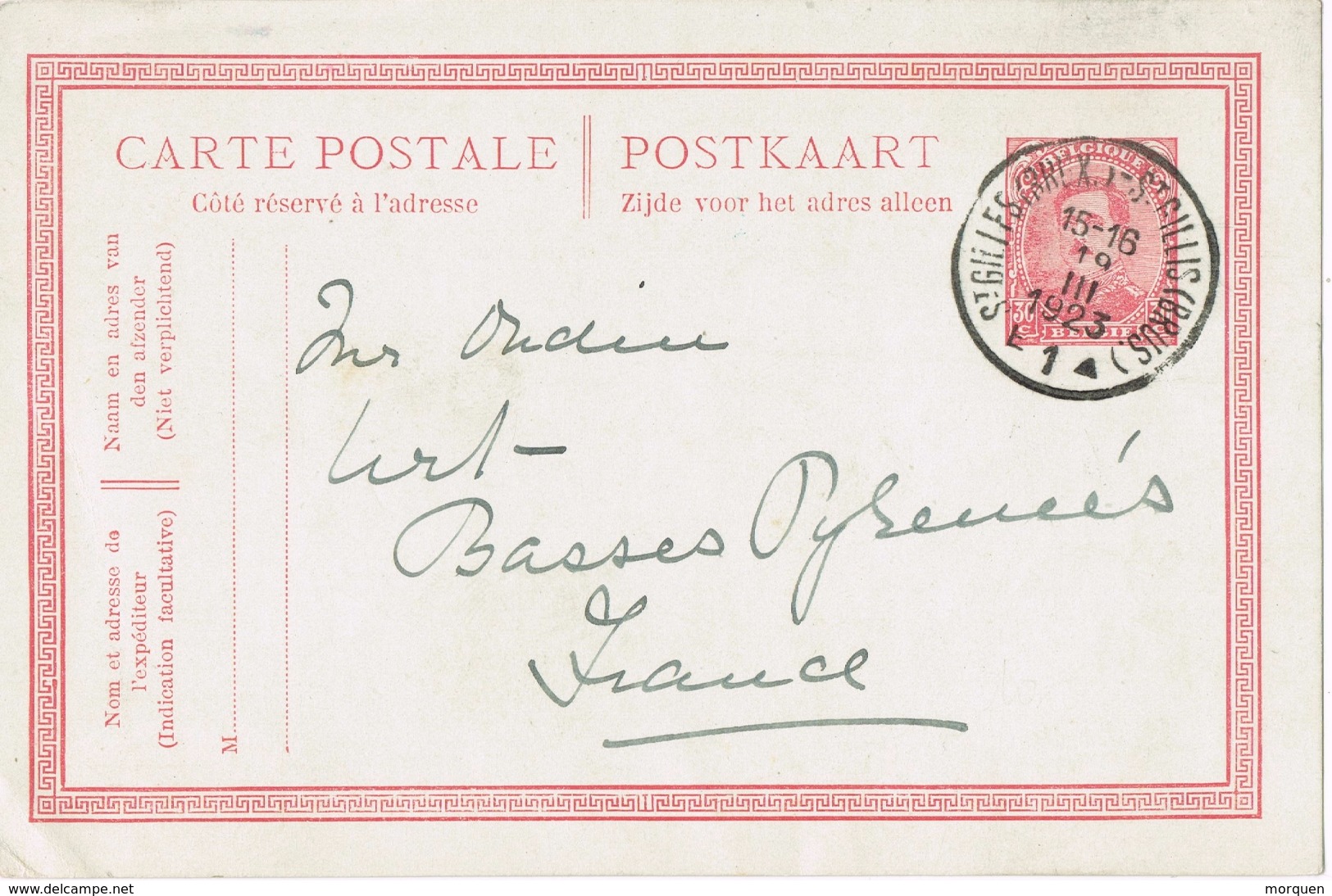 20688. Entero Postal  St. GILLES (Bruxelles) Belgien 1923 A La France - Postcards 1909-1934