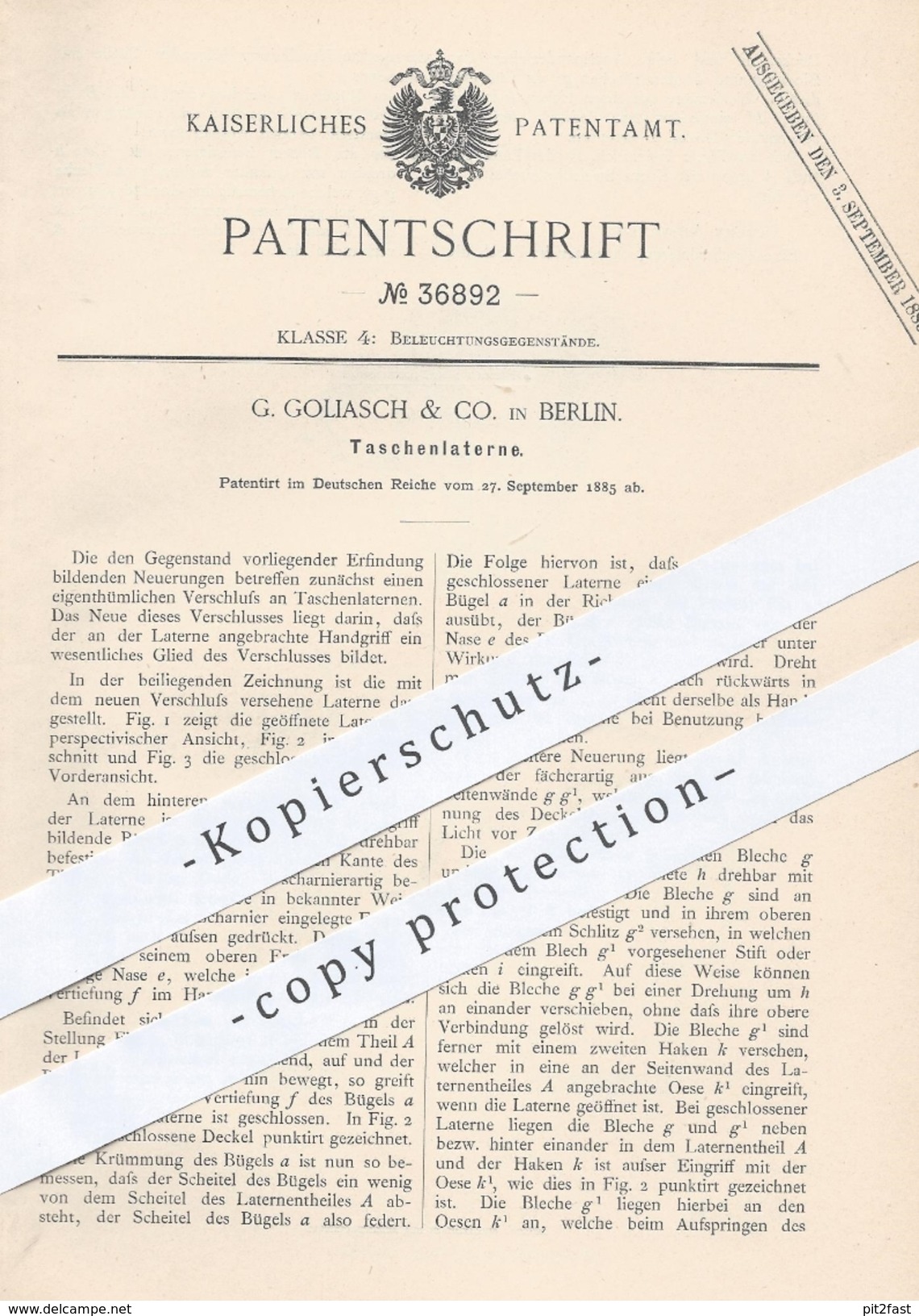 Original Patent - G. Goliasch & Co. Berlin , 1885 , Taschenlaterne | Laterne , Laternen , Licht , Lampen , Taschenlampe - Historische Dokumente