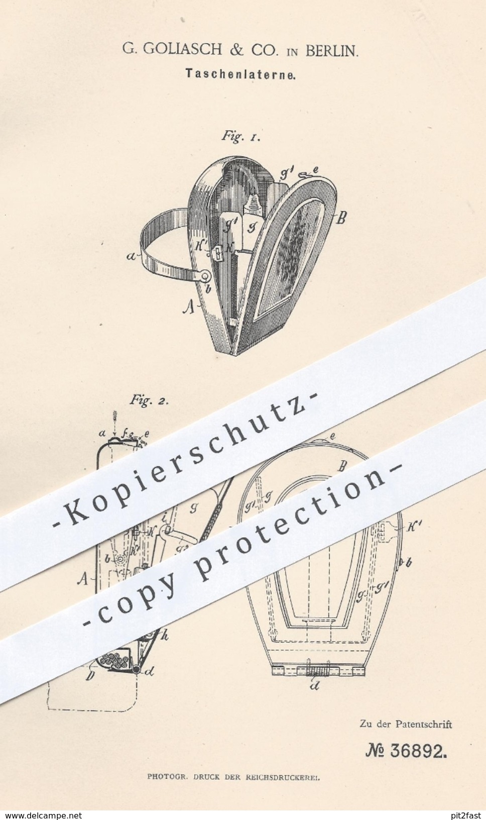 Original Patent - G. Goliasch & Co. Berlin , 1885 , Taschenlaterne | Laterne , Laternen , Licht , Lampen , Taschenlampe - Historische Dokumente