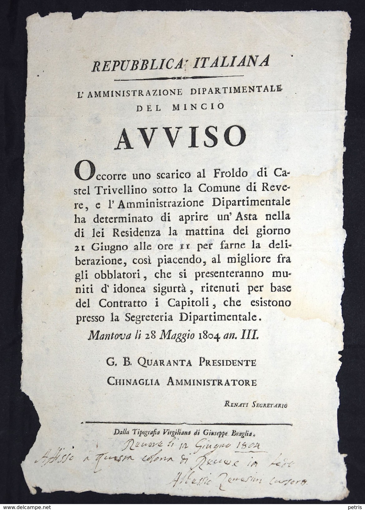 Avviso Dip. Del Mincio Mantova Revere (asta Per Lavori Pubbliici) 1804 - Lot.21 - Documenti Storici