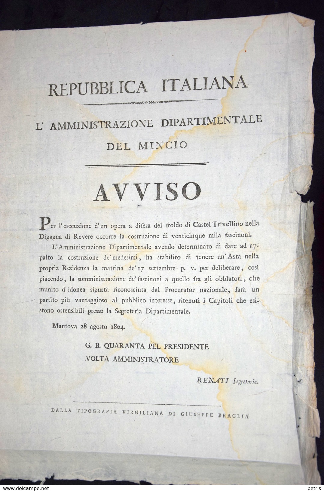 Editto Rep. Italaliana Dip. Mincio (opea Comune Di Revere) 1804 - Lot.9 - Documenti Storici