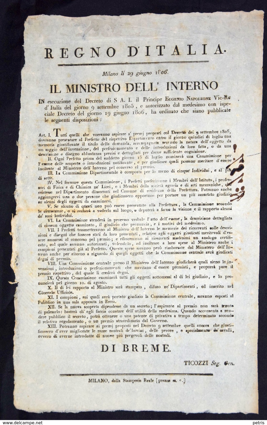 Editto Regno D'Italia (miglioramento Razze Bovine) 1806 - Lot.13 - Documenti Storici