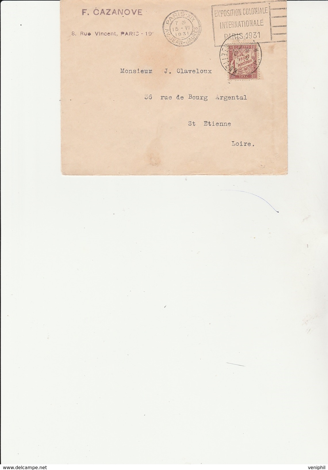 LETTRE TAXEE  AFFRANCHIE N° 40  -OBLITERATION FLAMME "EXPOSITION COLONIALE INTERNATIONALE PARIS 1931 -  TB - 1859-1959 Briefe & Dokumente