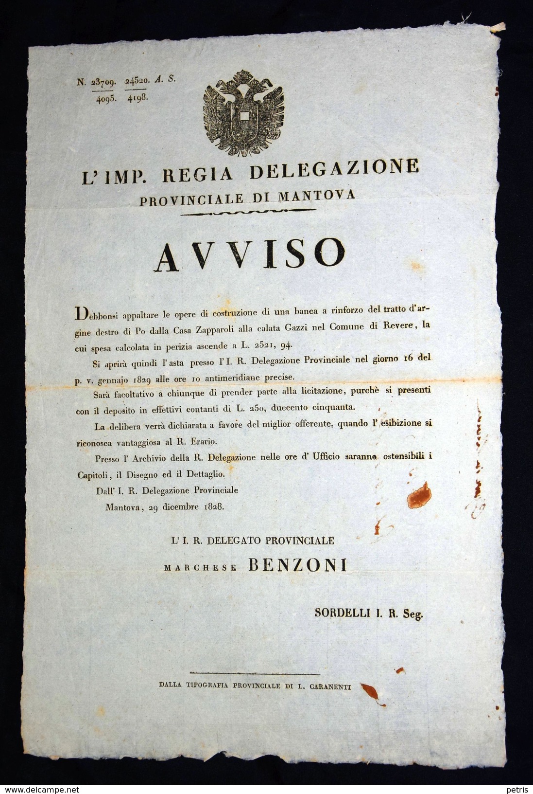 Avviso Regia Delegazione Mantova, Comune Di Revere 1828 - Lot.4 - Documenti Storici