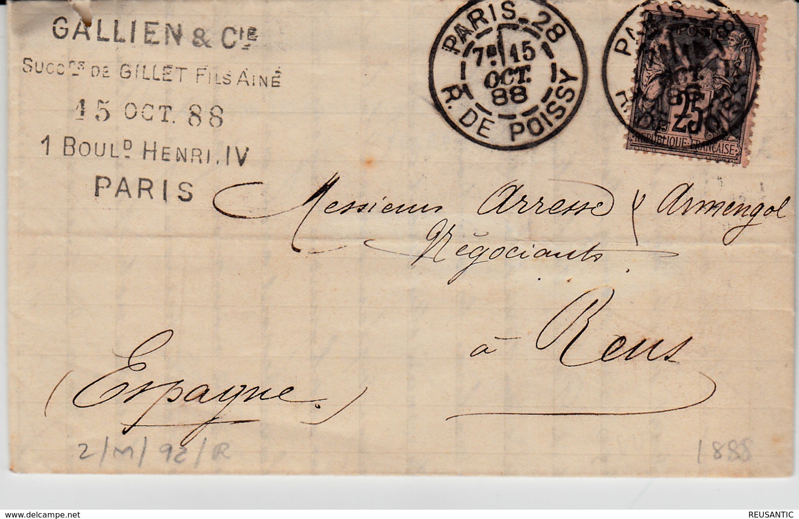 LETTRE DE PARIS POUR REUS -ESPAGNE- 1888 DU GILLET FILS AINÉ GALLIEN Y CIE - 1876-1898 Sage (Type II)