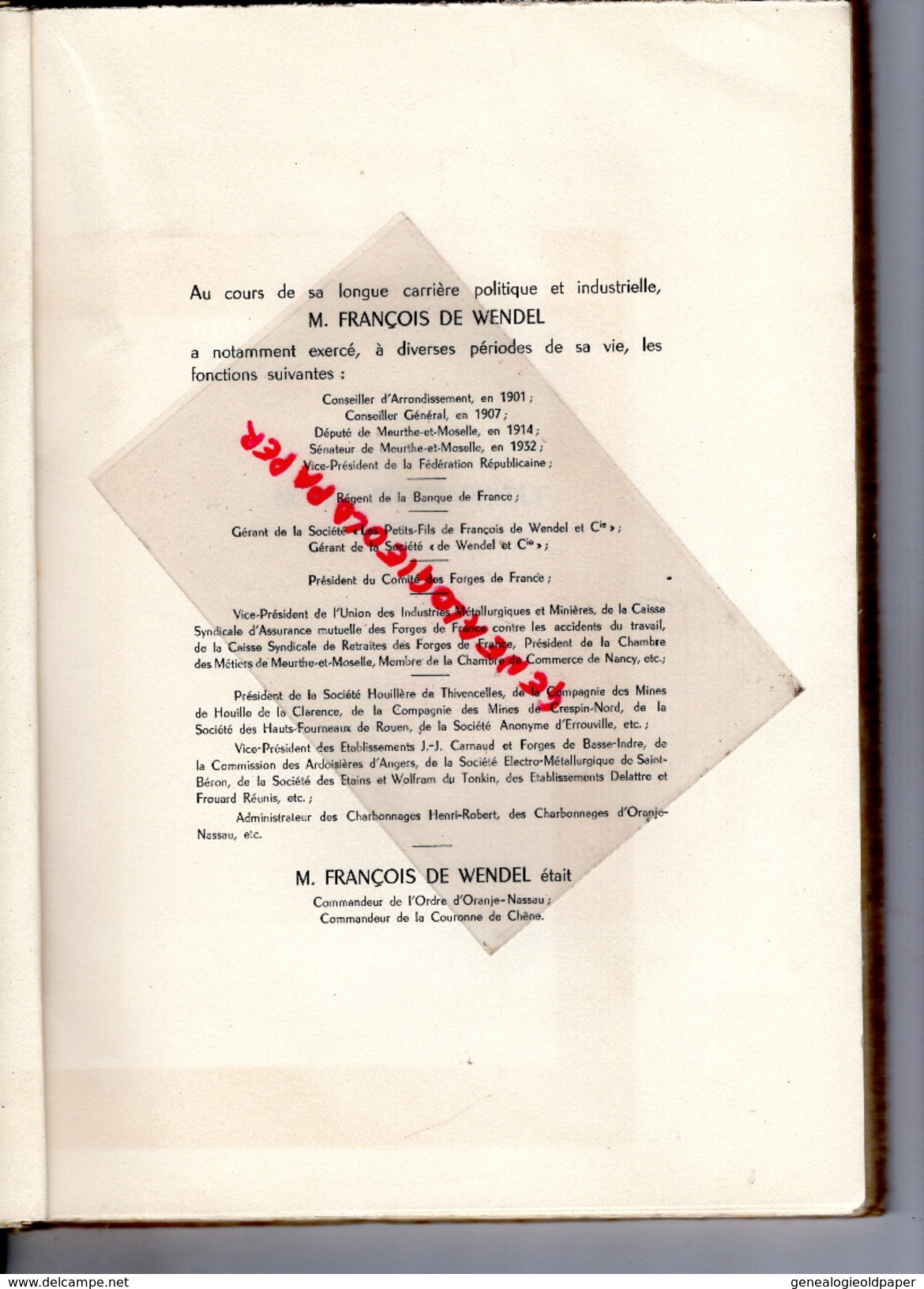 54 - FRANCOIS DE WENDEL-1874-1949- MAITRE DE FORGES- DE MITRY-AVIS DE DECES 12-01-1949-MINES METALLURGIE- DEPUTE - Lorraine - Vosges