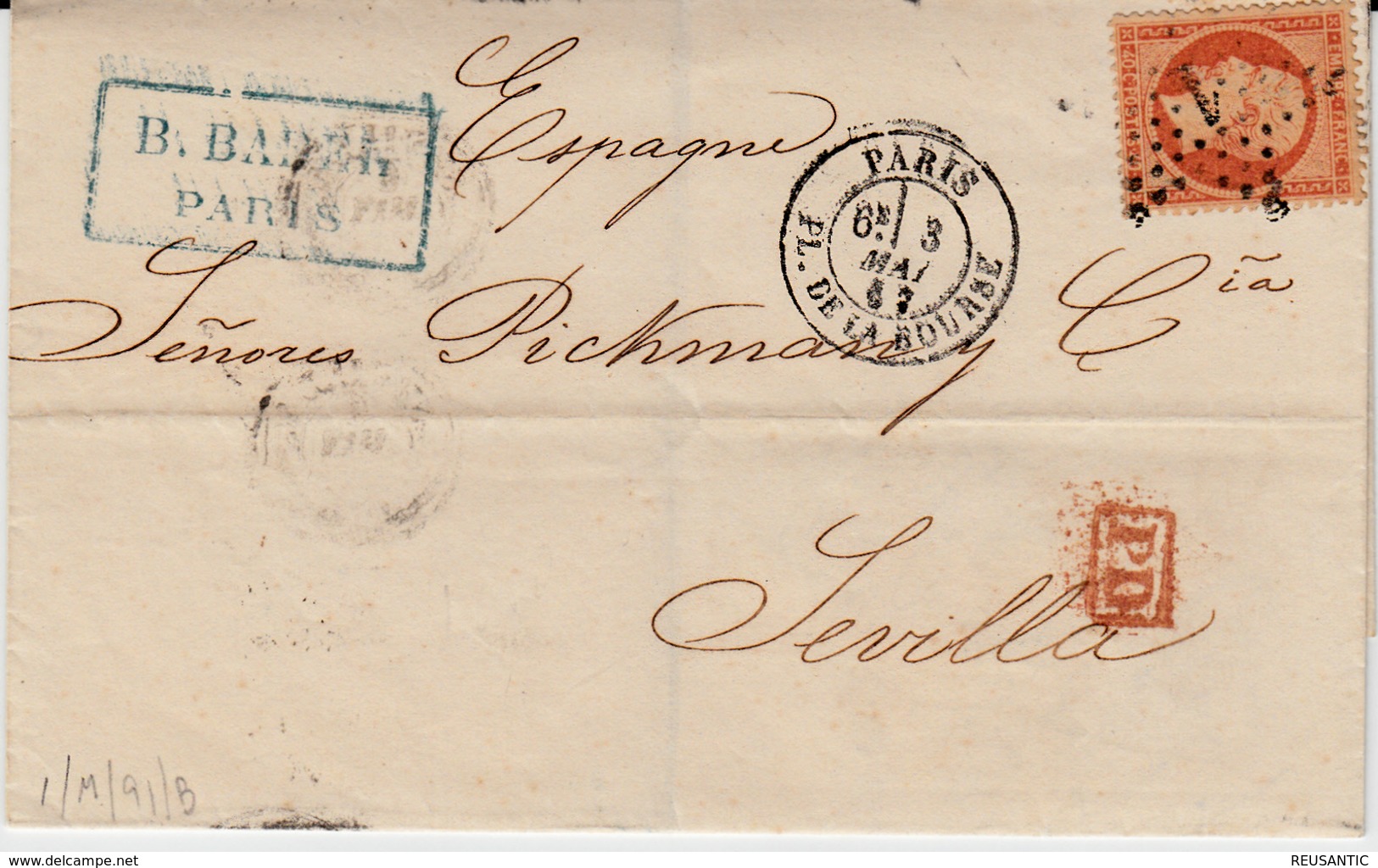 LETTRE DU PARIS A SEVILLA -ESPAGNE-  1867 - AVEC NUM.23  EMPIRE FRANÇAIS - 1863-1870 Napoléon III Lauré