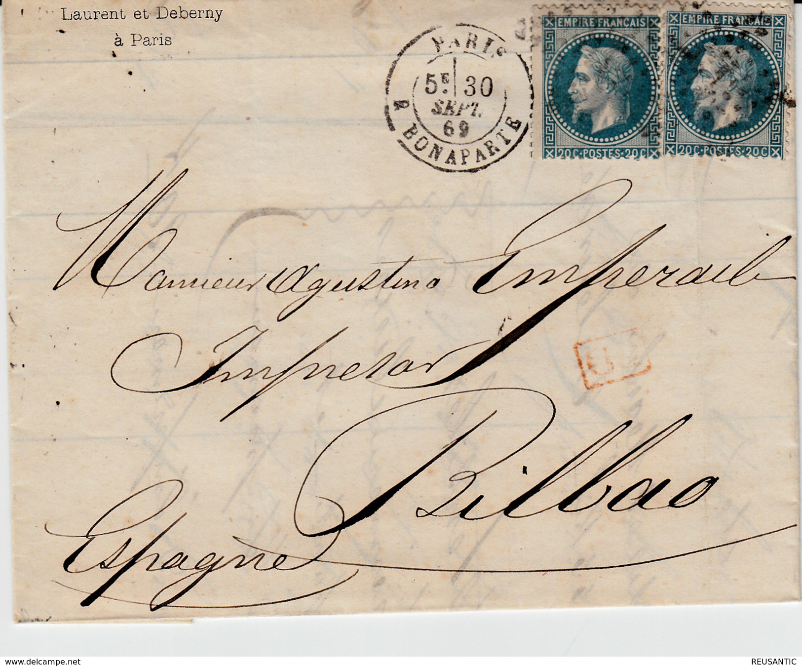 LETTRE DU LAURENT ET DEBERNY -PARIS A BILBAO  -ESPAGNE-  1869 - AVEC NUM.29B  EMPIRE FRANÇAIS - 1863-1870 Napoléon III Lauré