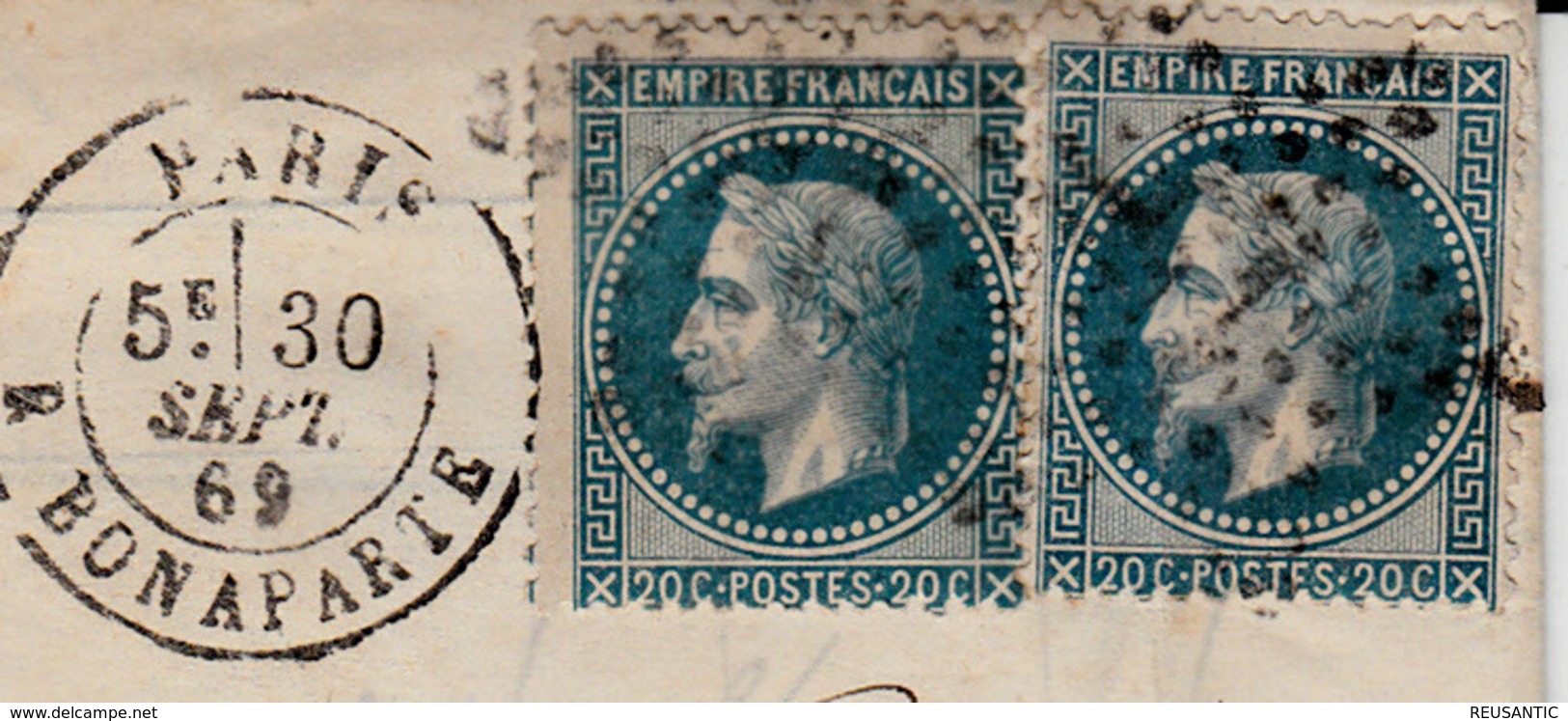 LETTRE DU LAURENT ET DEBERNY -PARIS A BILBAO  -ESPAGNE-  1869 - AVEC NUM.29B  EMPIRE FRANÇAIS - 1863-1870 Napoléon III Lauré