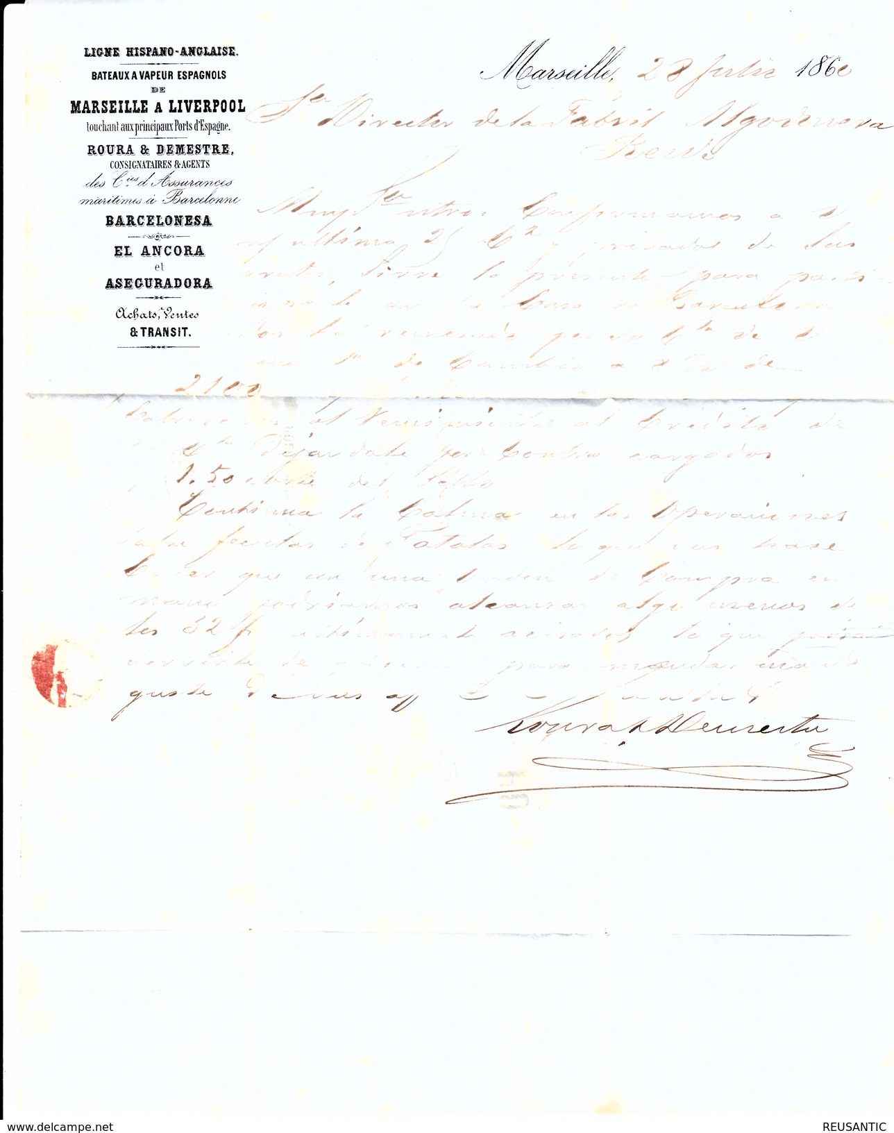 LETTRE DU ROURA & DEMESTRE -MARSEILLE POUR REUS  -ESPAGNE-  1860 - AVEC NUM.16  EMPIRE FRANÇAIS - 1863-1870 Napoleon III With Laurels