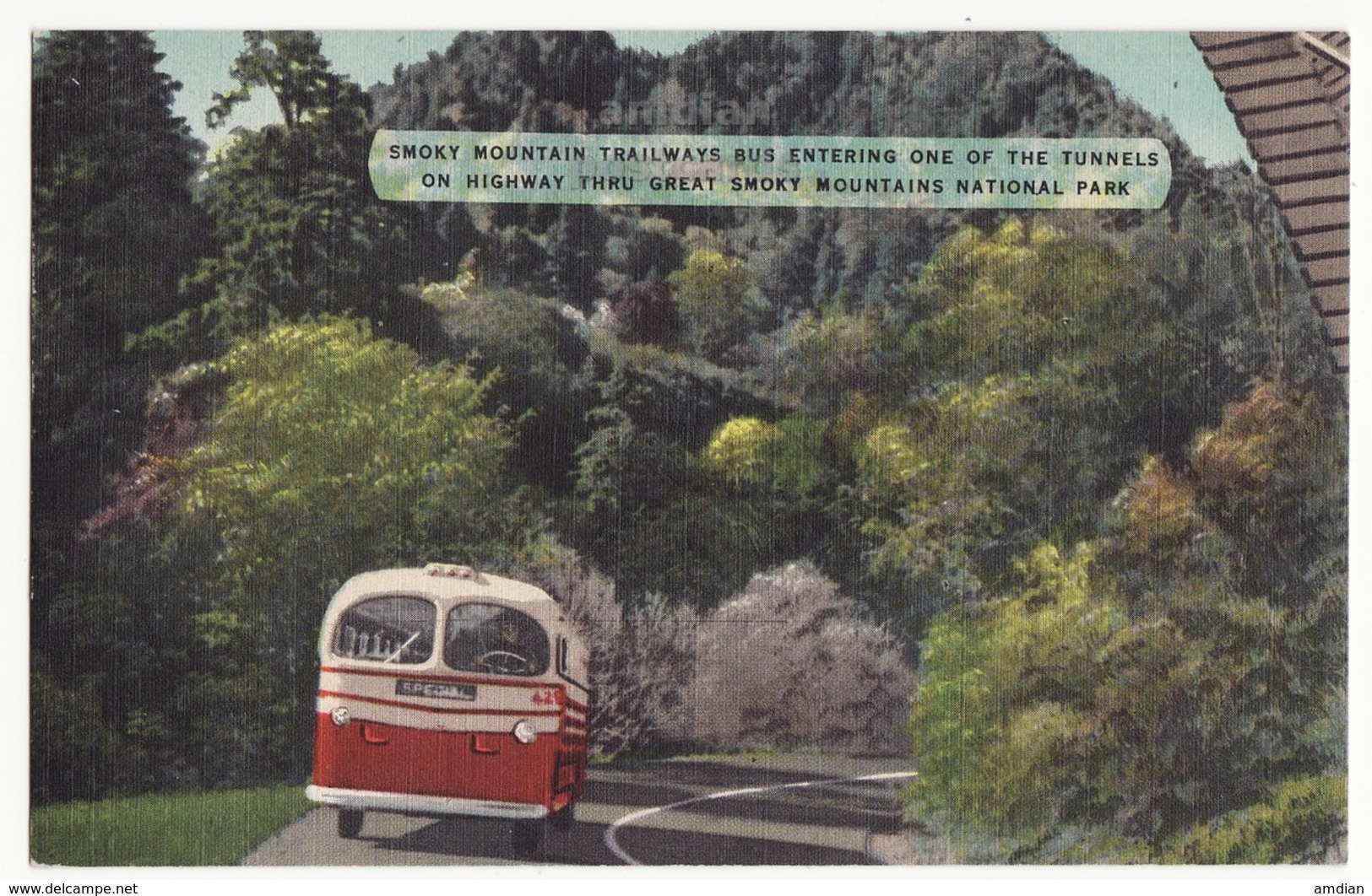 USA, SMOKY MOUNTAINS NATIONAL PARK, TRAILWAYS BUS ENTERING HIGHWAY TUNNEL, C1940s Unused Vintage Linen Postcard [6552] - Smokey Mountains
