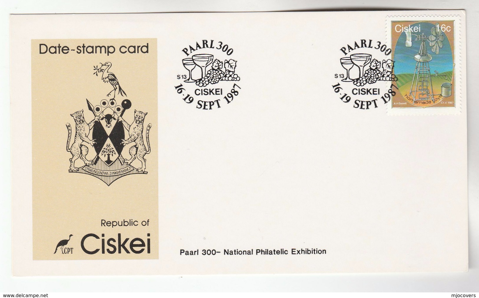 1987 CISKEI WINE GRAPES EVENT Cover Card Alcohol South Africa Philatelic Exhibition Stamps - Wines & Alcohols