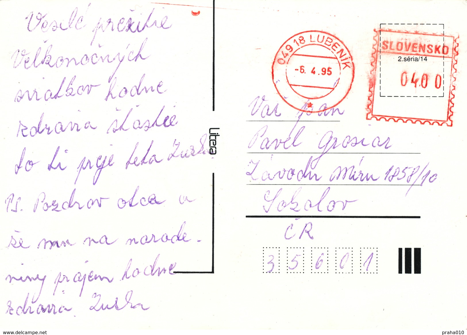 L1976 - Slovakia (1995) 049 18 Lubenik (post Office Franking Machine) Postcard (to Czech Rep.); Tariff. 4,00 SKK - Brieven En Documenten