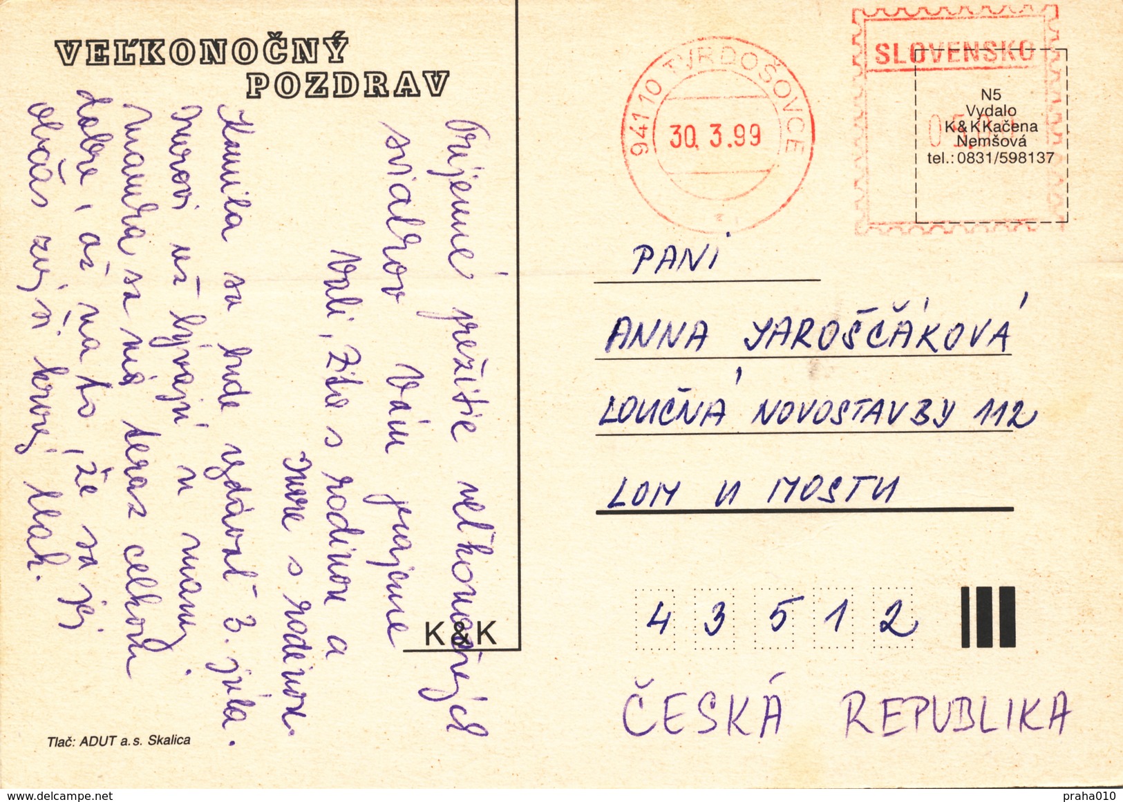 L1980 - Slovakia (1999) 941 10 Tvrdosovce  (post Office Franking Machine) Postcard (to Czech Rep.); Tariff. 5,00 SKK - Covers & Documents